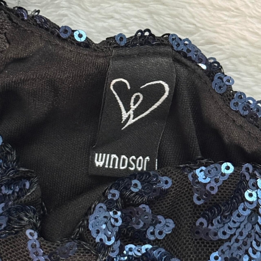 Windsor Womens Medium Blue Black Sequin Formal Prom Gown Side Slit Long Dress - Picture 8 of 8